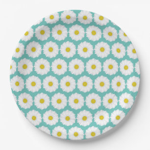 Cute Summer Daisies Pattern on Blue Paper Plates