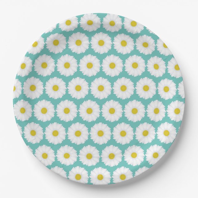 Cute Summer Daisies Pattern on Blue Paper Plates (Front)