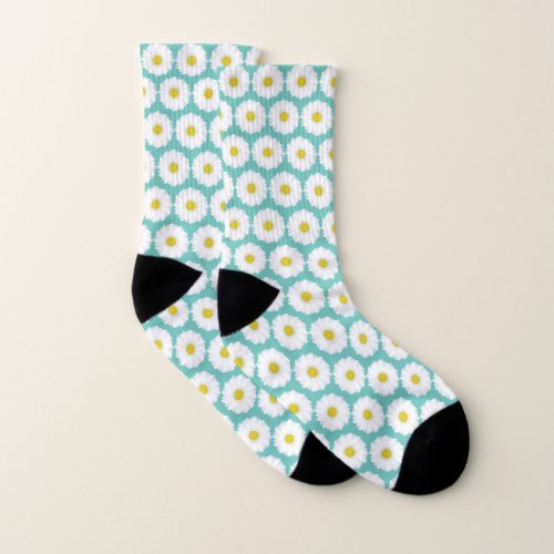 Cute Summer Daisies Pattern on Blue Socks