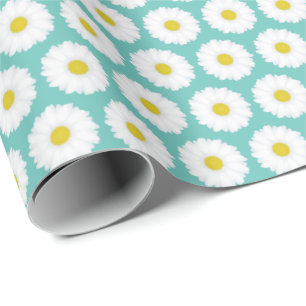 Cute Summer Daisies Pattern on Blue Wrapping Paper