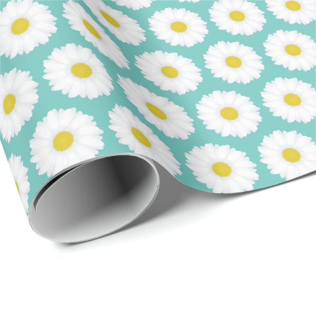 Cute Summer Daisies Pattern on Blue Wrapping Paper (Roll Corner)