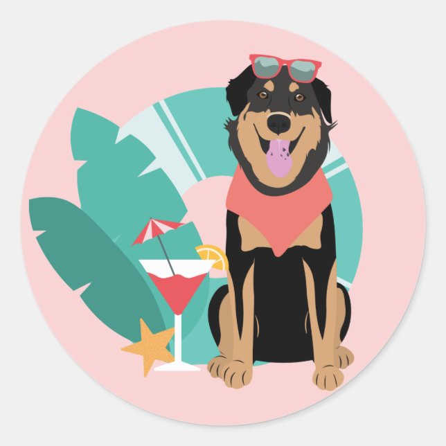 Cute Summer Dog With Sunglasses Classic Round Sticker (Front)