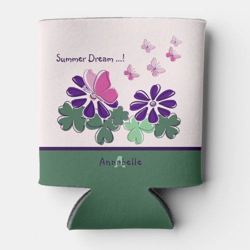 Cute Summer Dream Pink Butterfly Purple Flower Can Cooler