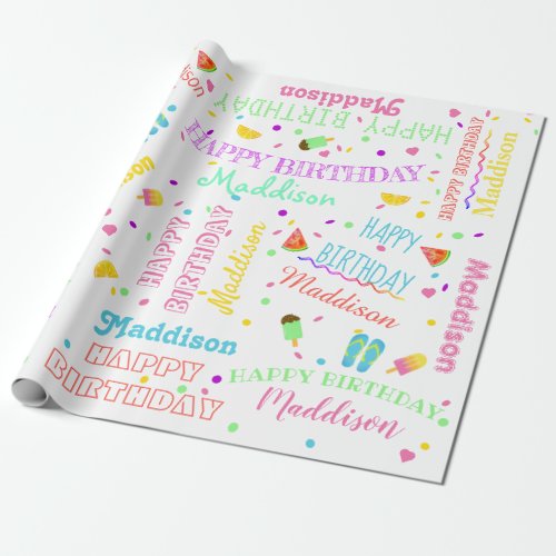 Cute Summer Fruit and Ice Lolly Birthday Name Wrapping Paper