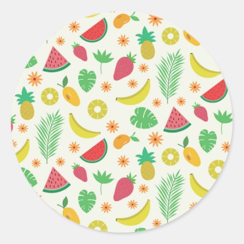 Cute summer fruits and tropical leaves pattern   classic round sticker