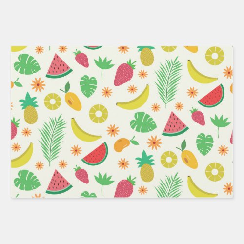Cute summer fruits and tropical leaves pattern  wrapping paper sheets
