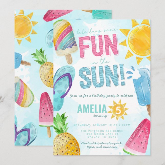 Cute Summer Fun In the Sun Pool Party Birthday Invitation (Front/Back)