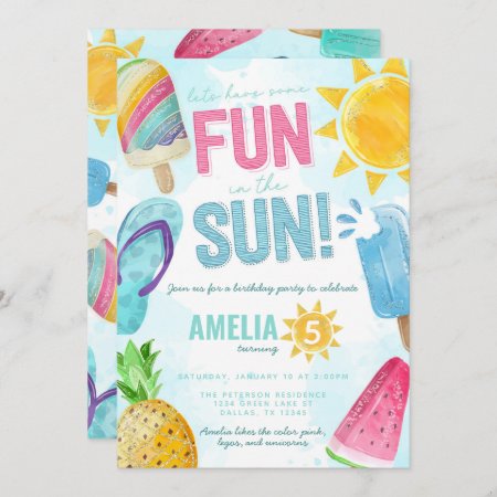 Cute Summer Fun In The Sun Pool Party Birthday Invitation