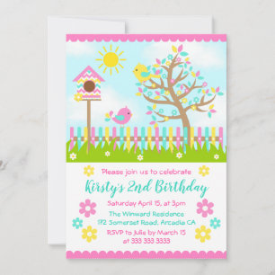 Cute Summer Garden and Birds Birthday Invitation