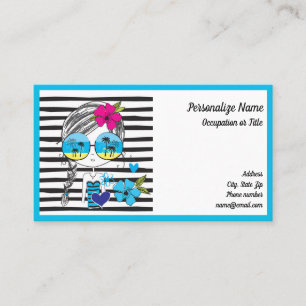 Cute Summer Girl Beach Palm Trees Blue Black Busin Business Card