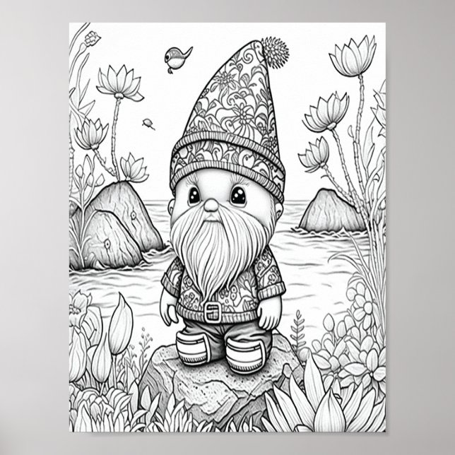 Cute Summer Gnome Adult Coloring Poster (Front)