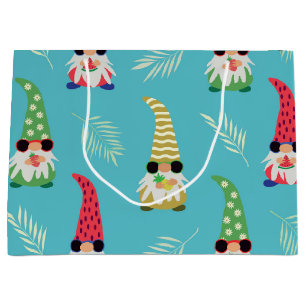 Cute summer gnomes holding fruits on blue  large gift bag
