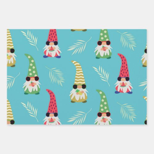 Cute summer gnomes holding fruits pattern  wrapping paper sheets