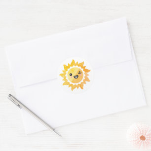 Cute Summer Happy Winking Sun Face Emoji White Classic Round Sticker