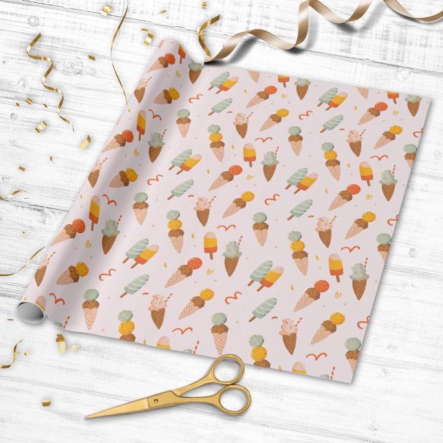 Cute Summer Ice Cream Pattern Wrapping Paper (Close up)