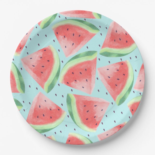 Cute Summer Kawaii Watercolor Watermelon Paper Plates (Front)