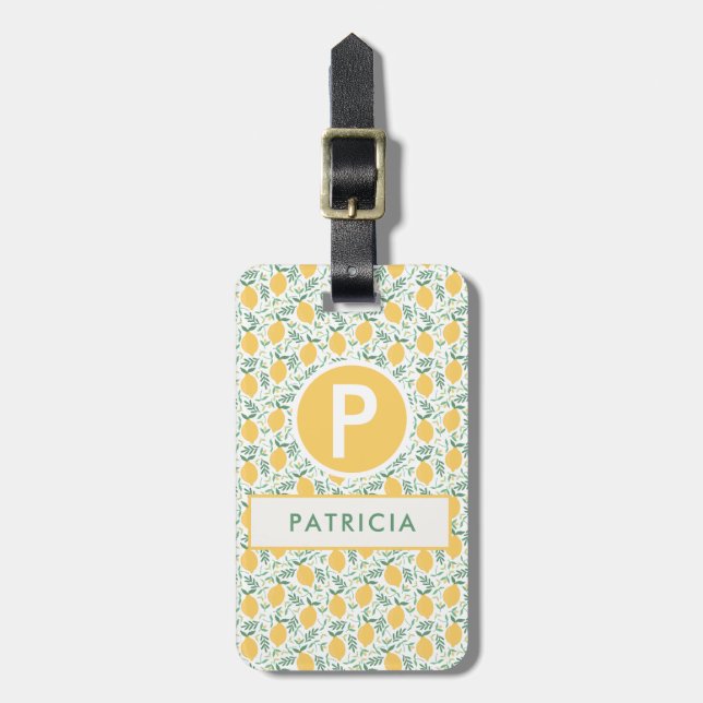 Cute Summer Lemon Botanical Pattern Monogram Luggage Tag (Front Vertical)