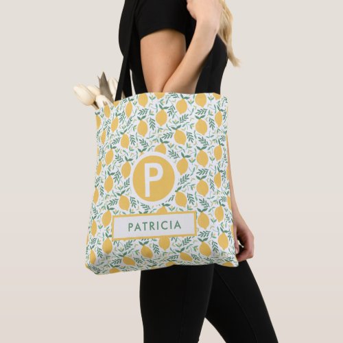 Cute Summer Lemon Botanical Pattern Monogram  Tote Bag