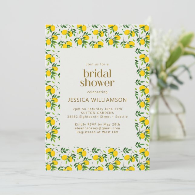 Cute Summer Lemon Fruit Pattern Bridal Shower Invitation (Standing Front)