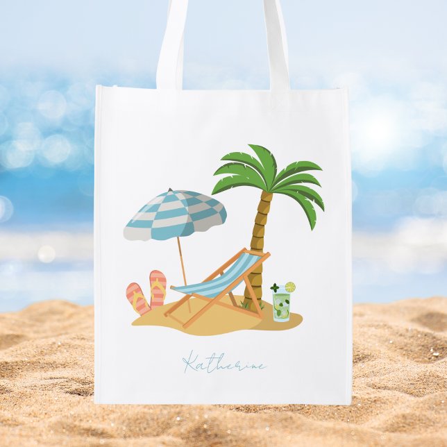 Cute Summer Ocean Beach Trendy Typography  Grocery Bag (Creator Uploaded)