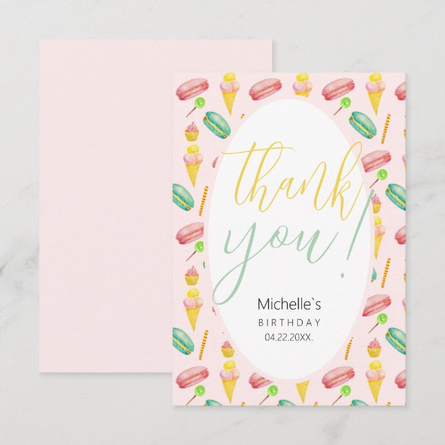 Cute Summer Party Watercolor Illustration Pattern Thank You Card (Front/Back)