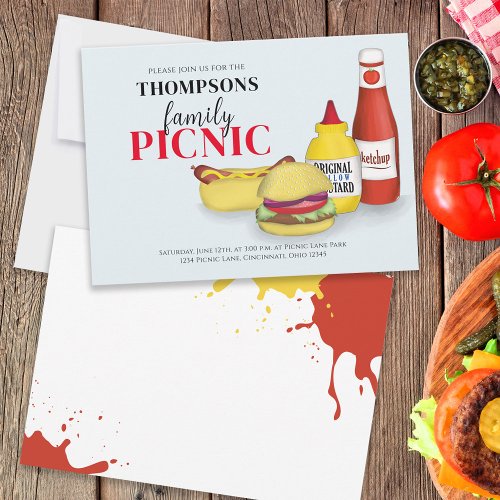 Cute Summer Picnic BBQ Whimsical Ketchup Mustard Invitation
