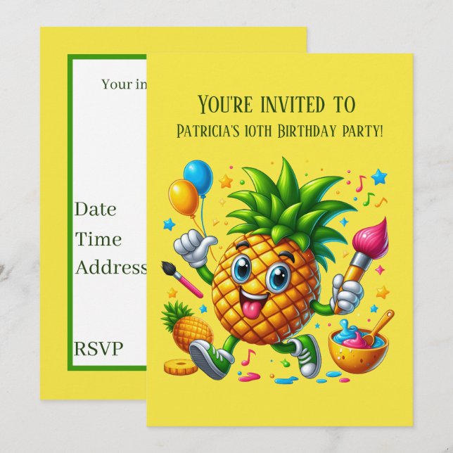 Cute Summer Pineapple fruit add text  Invitation (Front/Back)