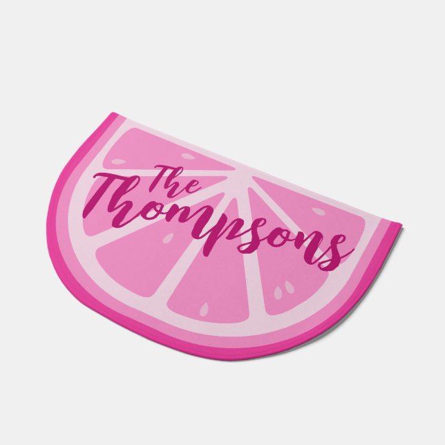 Cute Summer Pink Lemon Food Family Last Name Doormat (Angled)