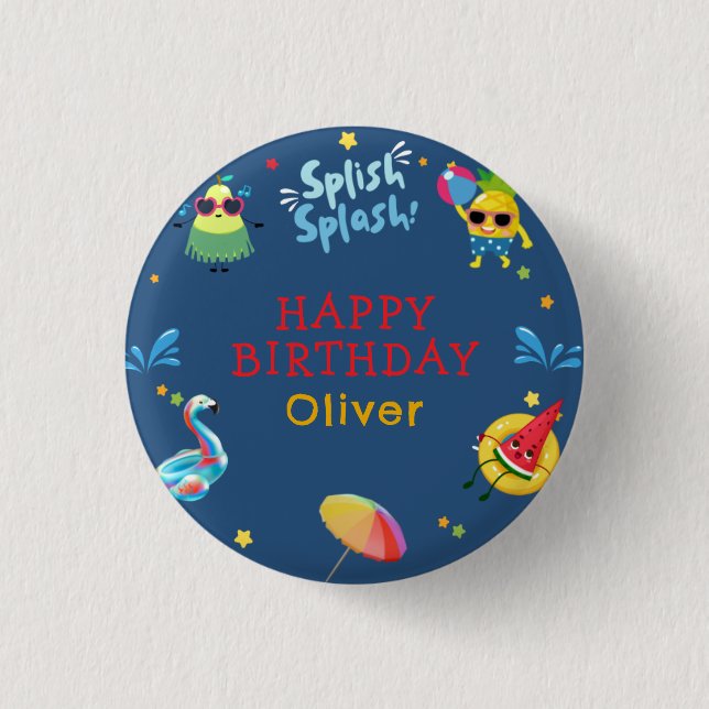 Cute Summer Pool Fruit Character Birthday Party Button (Front)