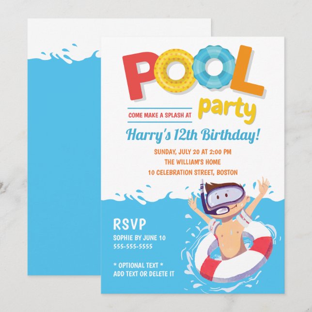 Cute Summer Pool Party Boy Birthday Invitation (Front/Back)