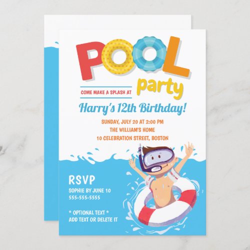 Cute Summer Pool Party Boy Birthday Invitation
