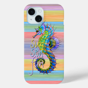 Cute Summer Seahorse Watercolor Stripes Pattern iPhone 15 Case