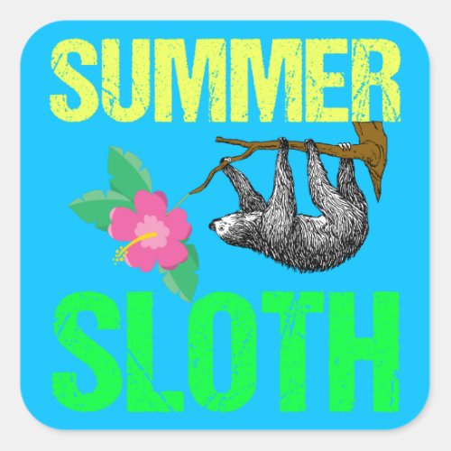 Cute Summer Sloth Blue Square Sticker