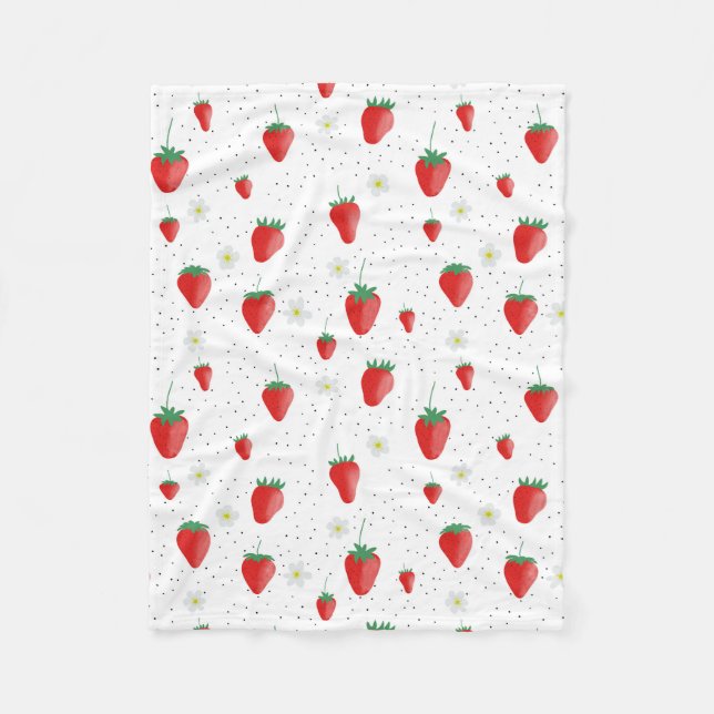 Cute Summer Strawberries & Blossoms Fleece Blanket (Front)