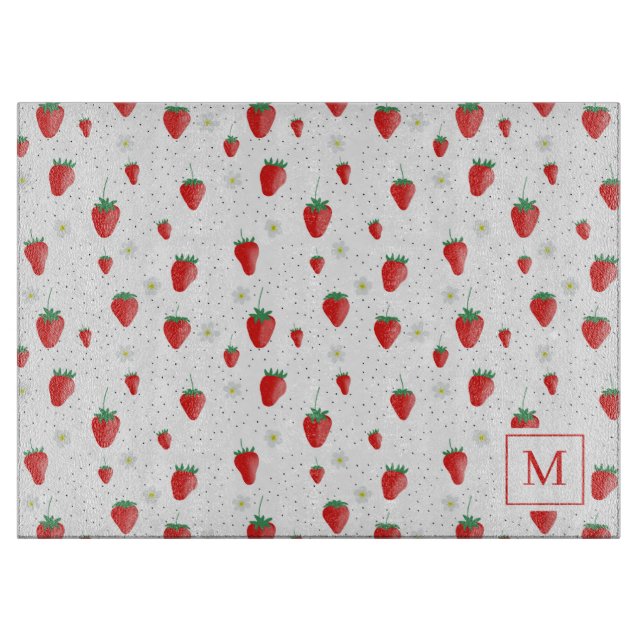 Cute Summer Strawberries & Blossoms Monogram Cutting Board (Front)