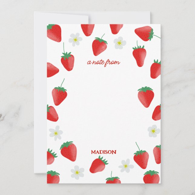 Cute Summer Strawberries & Blossoms Note Card (Front)