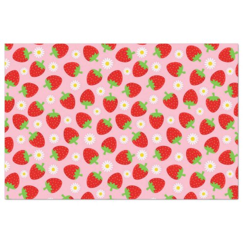 Cute Summer Strawberries  White Flowers on Pink Tissue Paper