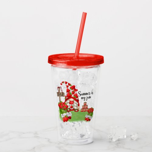 Cute Summer Strawberry Gnome Acrylic Tumbler