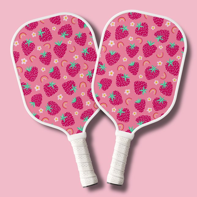 Cute summer strawberry rainbow daisy floral pickleball paddle (Strawberry daisy flower rainbow pink pickleball paddle)