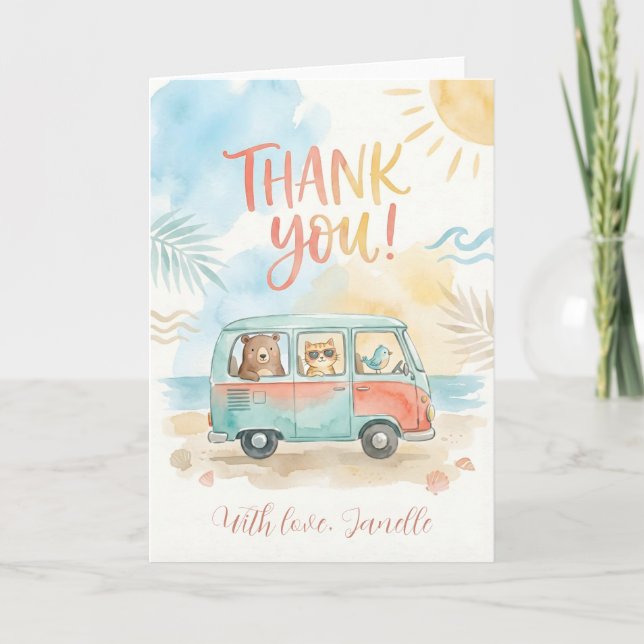 Cute Summer Thank You Thank You Beach Van Animals Card (Front)