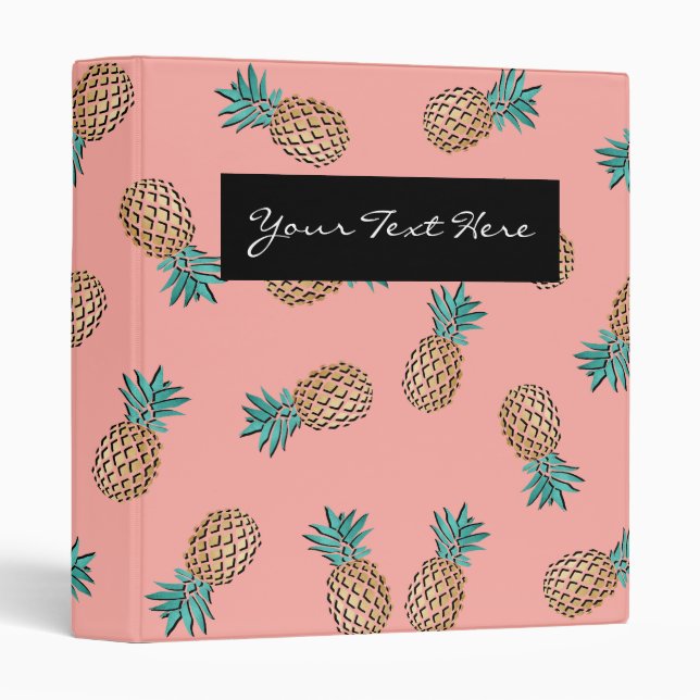 cute summer tropical faux gold pineapple pattern 3 ring binder (Front/Spine)
