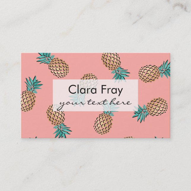 cute summer tropical faux gold pineapple pattern business card (Front)