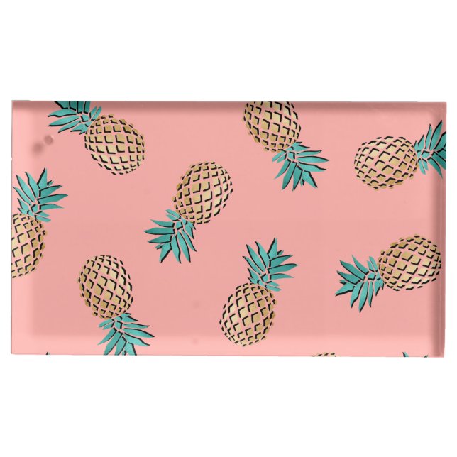 cute summer tropical faux gold pineapple pattern table number holder (Front)