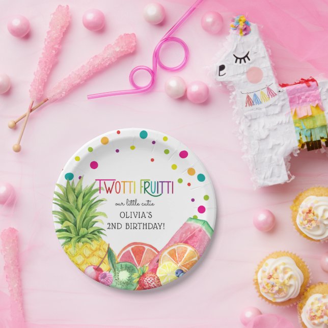 Cute Summer TWO-tti Fruitti Fruit 2nd Birthday Paper Plates (Party)