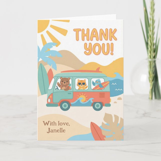 Cute Summer Vacation Thank You Beach Van Animals Card (Front)