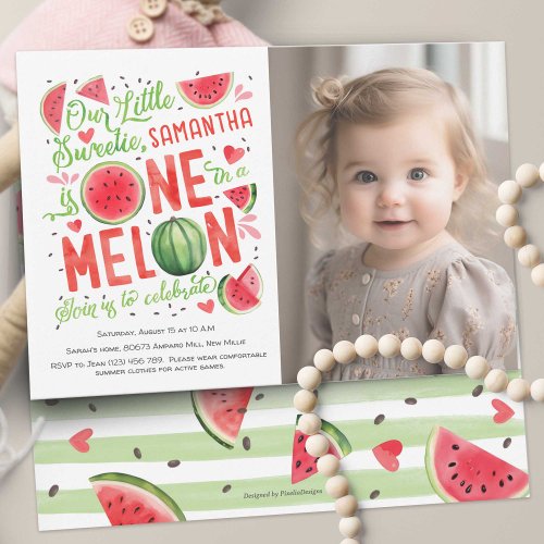 Cute Summer Watermelon Fruit Girl 1st Birthday Pho Invitation