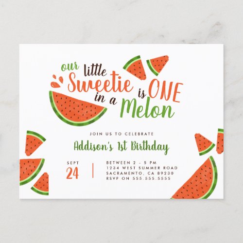 Cute Summer Watermelon One In A Melon Birthday Invitation Postcard
