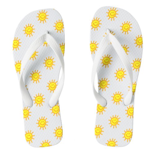 Cute Summertime Happy Face Sun Pattern White Flip Flops