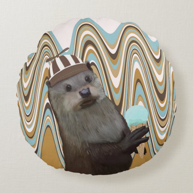Cute Summertime Otter With Ice Cream Round Pillow (Front)