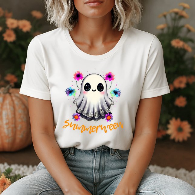 Cute Summerween Ghost Neon Flowers T-Shirt (Cute Summerween Ghost Neon Flowers T-Shirt)